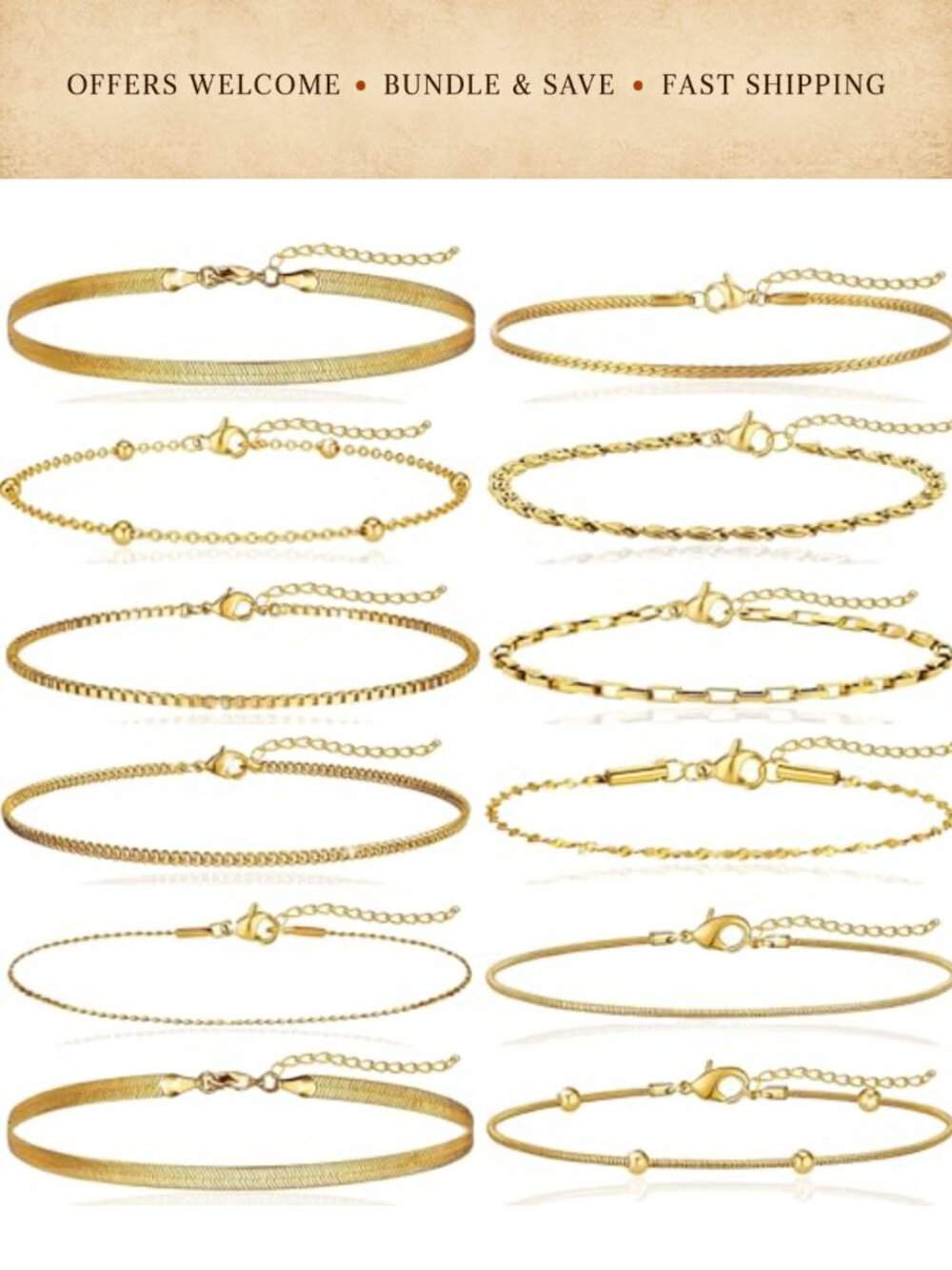 14K Gold Plated Adjustable Chain Bracelets Set Stainless Steel Layering
